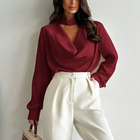 Burgundy Minimalist Women's 0vowl neck Long Sleeve Shirt - Picture 3 of 7